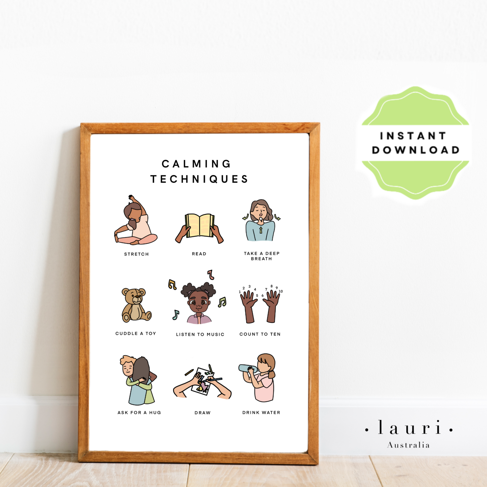 This poster helps children learn how to calm themselves down using their breath, reminding them to breathe in and out when they are upset or frustrated. It reminds them to use other tools such as listening to music or asking for a hug to help cope with the situation. This poster is a useful classroom management tool and perfect for Montessori inspired homeschool classrooms. Uses diverse inclusive skin tones