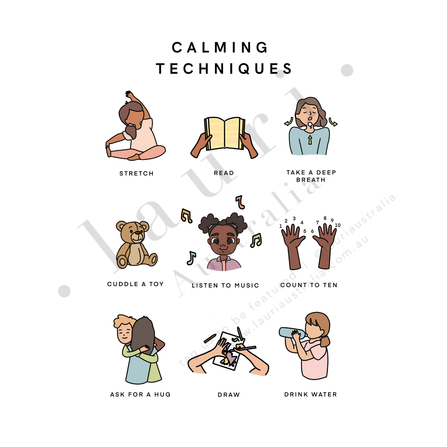 This poster helps children learn how to calm themselves down using their breath, reminding them to breathe in and out when they are upset or frustrated. It reminds them to use other tools such as listening to music or asking for a hug to help cope with the situation. This poster is a useful classroom management tool and perfect for Montessori inspired homeschool classrooms. Uses diverse inclusive skin tones