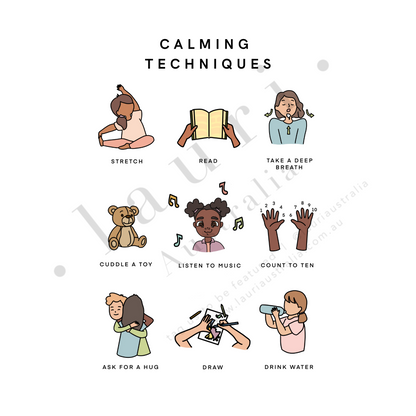 This poster helps children learn how to calm themselves down using their breath, reminding them to breathe in and out when they are upset or frustrated. It reminds them to use other tools such as listening to music or asking for a hug to help cope with the situation. This poster is a useful classroom management tool and perfect for Montessori inspired homeschool classrooms. Uses diverse inclusive skin tones