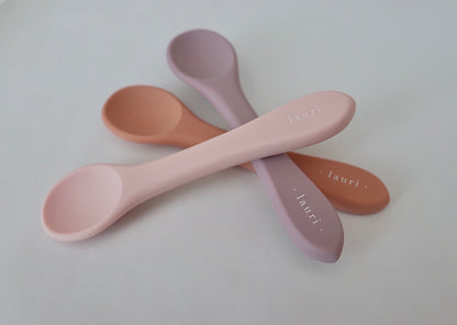 Soft Silicone Baby Spoon in Light Mauve purple colour, terracotta, blush pink Lauri Australia