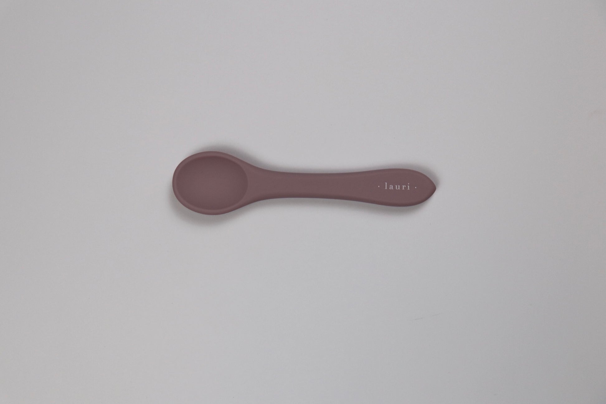 Soft Silicone Baby Spoon in Light Mauve purple colour, BPA free, food grade siliconeterracotta, blush pink Lauri Australia