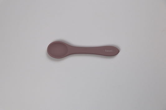 Soft Silicone Baby Spoon in Light Mauve purple colour, BPA free, food grade siliconeterracotta, blush pink Lauri Australia