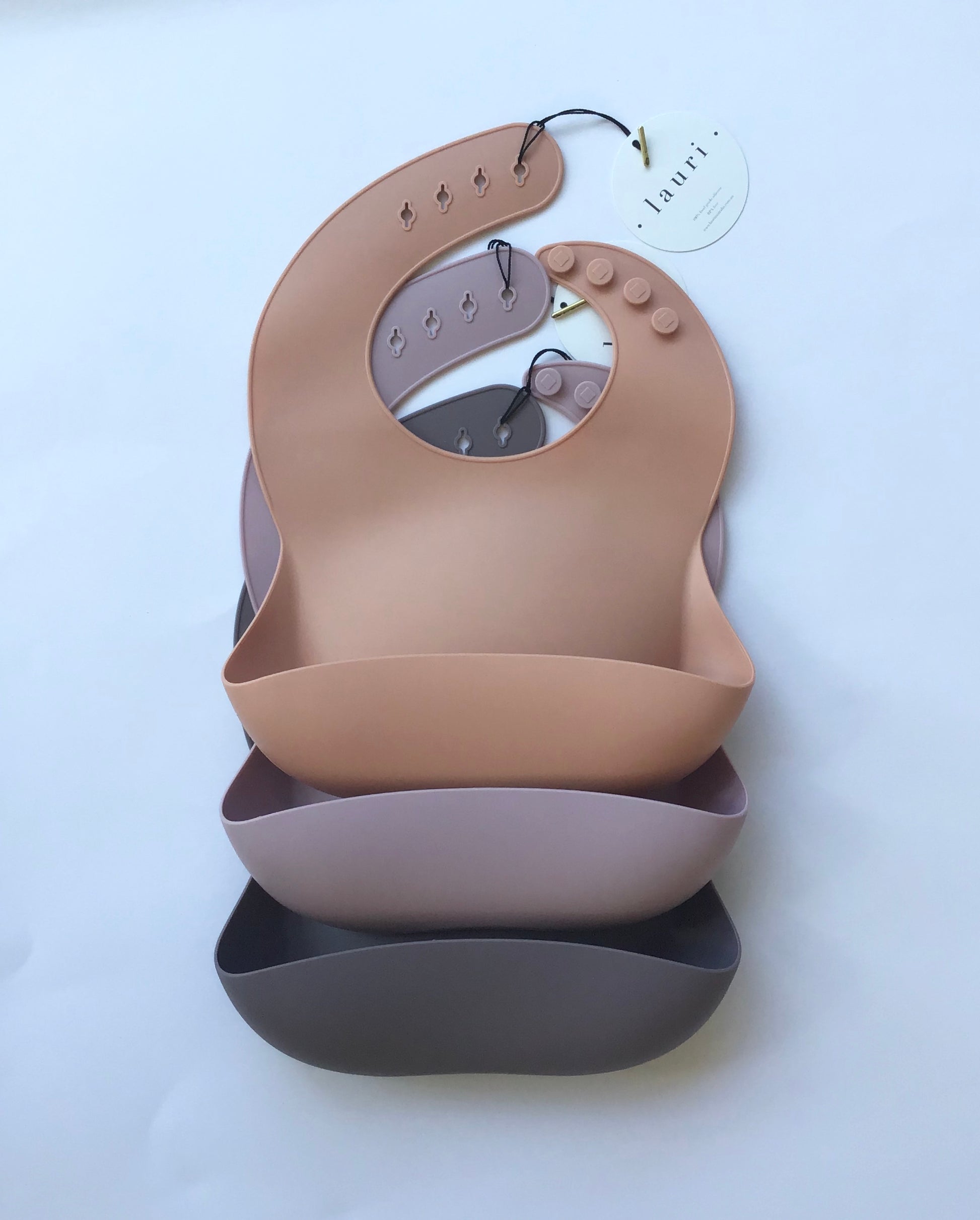 Silicone Baby Bib with pouch, BPA free, non-toxic, earthy natural colours and tones, cream, nude colour, terracotta Lauri Australia