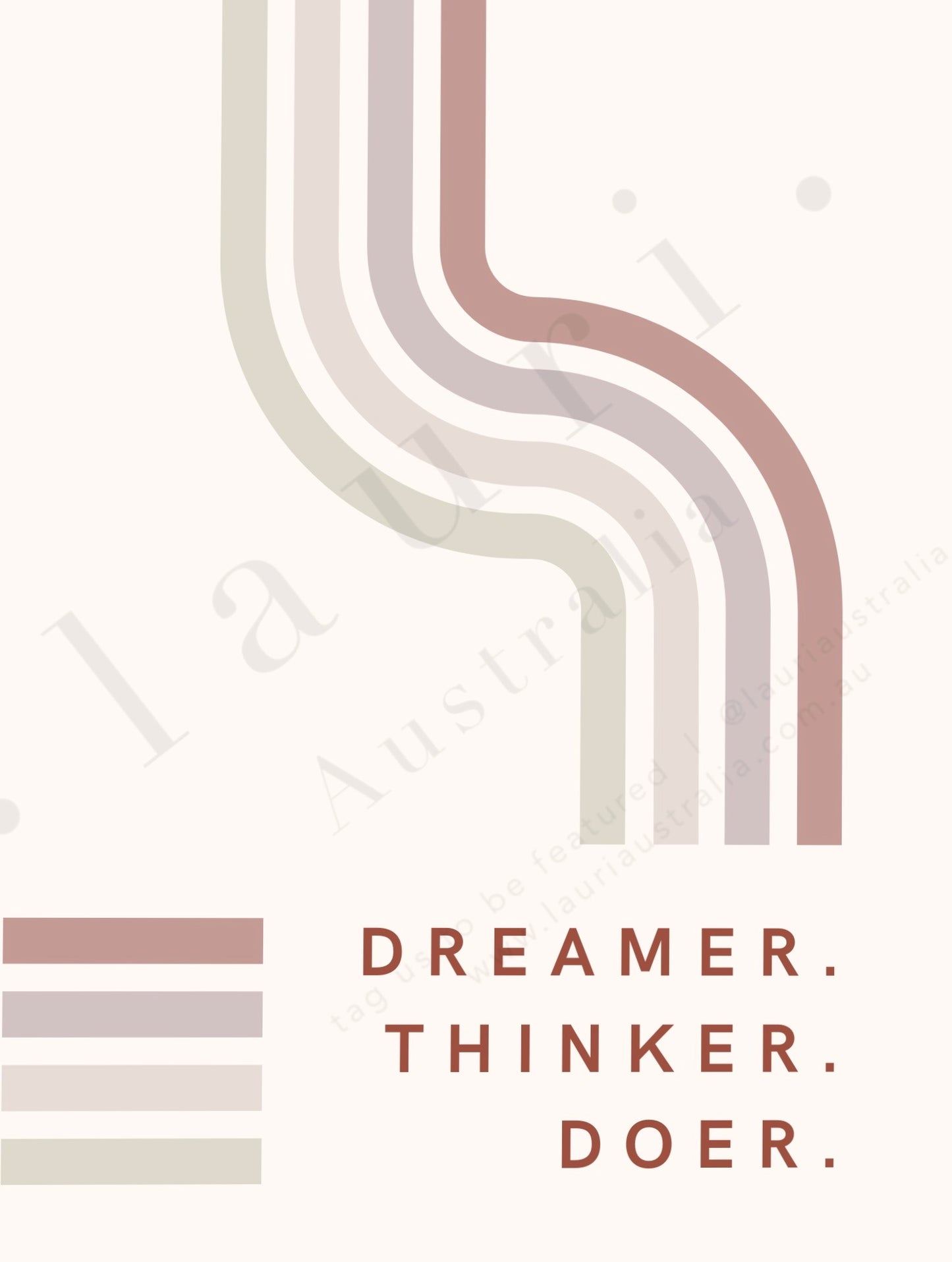 This is a digital download poster of a boho muted inspirational art with the phrase Dreamer Thinker Doer which is perfect for Montessori inspired homeschool classrooms, playrooms and childrens toddler nurseries or bedrooms too. At Lauri Australia we offer a huge range of educational posters and wall art designs, featuring both boho muted tones and bright rainbow colours. We offer shapes posters, alphabet prints, animal alphabet vegan leather posters, positive affirmations for kids