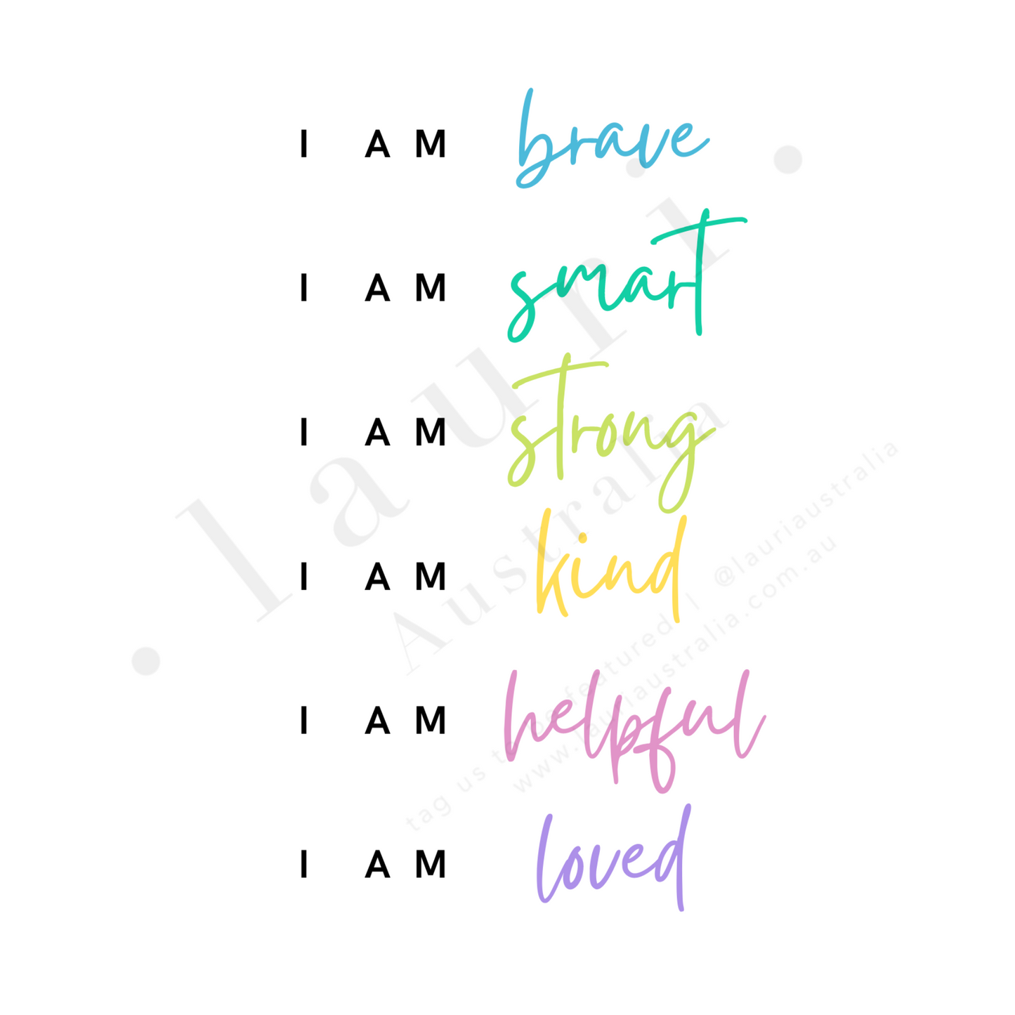 This simple, minimalistic affirmations digital download poster is designed to inspire and motivate kids of all ages with positive affirmations about themselves. Daily affirmations are great to create positive self esteem within children and help them to understand “I am enough” using bright and colourful rainbow tones sold by. Lauri Australia