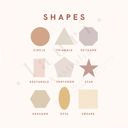 This is a digital download of a poster that displays the features 9 simple shapes designs in lovely muted, boho, rainbow colour palette. This digital download print includes shapes of a triangle, circle and square and more! Perfect for home education or as classroom décor. This print is the perfect wall art print to decorate your child's bedroom, nursery or homeschool classroom.