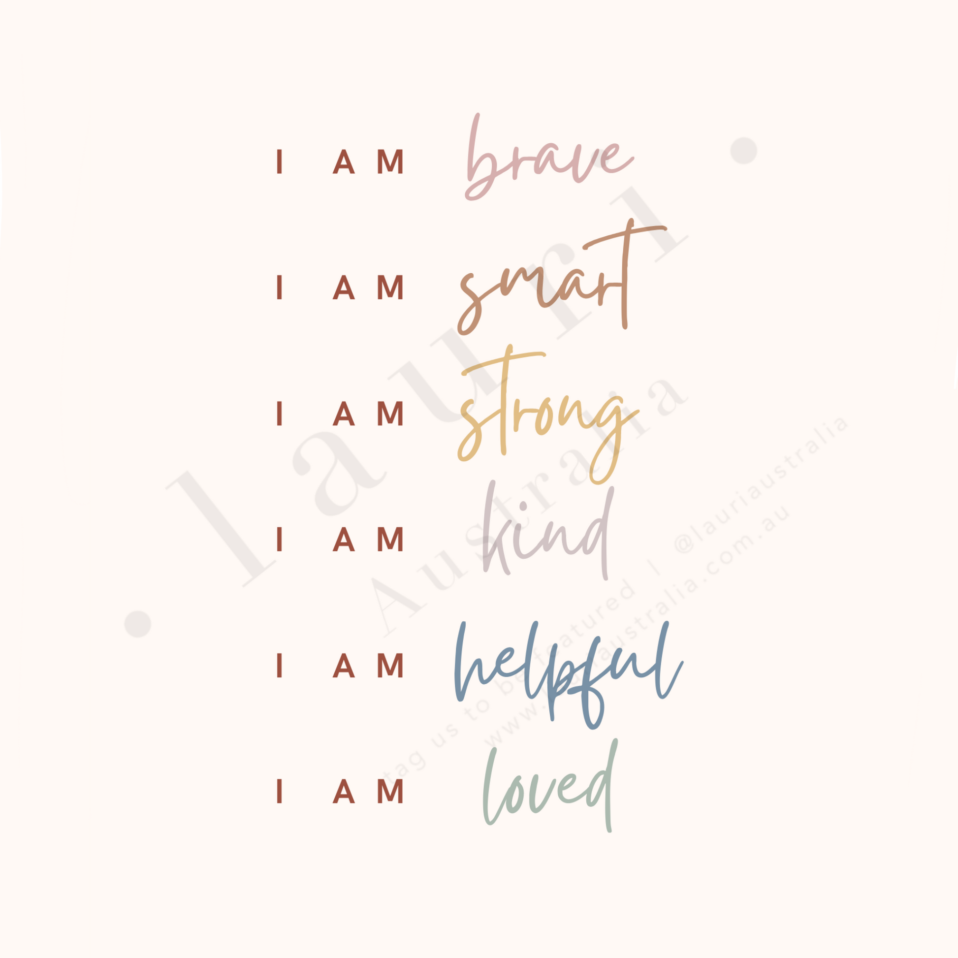 This simple, minimalistic affirmations digital download poster is designed to inspire and motivate kids of all ages with positive affirmations about themselves. Daily affirmations are great to create positive self esteem within children and help them to understand “I am enough” using muted boho neutral rainbow tones sold by Lauri Australia