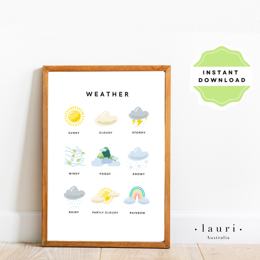 This is a digital download educational poster showing the different weather for children and toddlers to learn. This education print is perfect for Montessori inspired homeschool classrooms, playrooms and childrens toddler nurseries or bedrooms too. The Weather poster for Children, Educational Digital Download, Printable wall art, Montessori Homeschool Learning Materials, Boho Decor