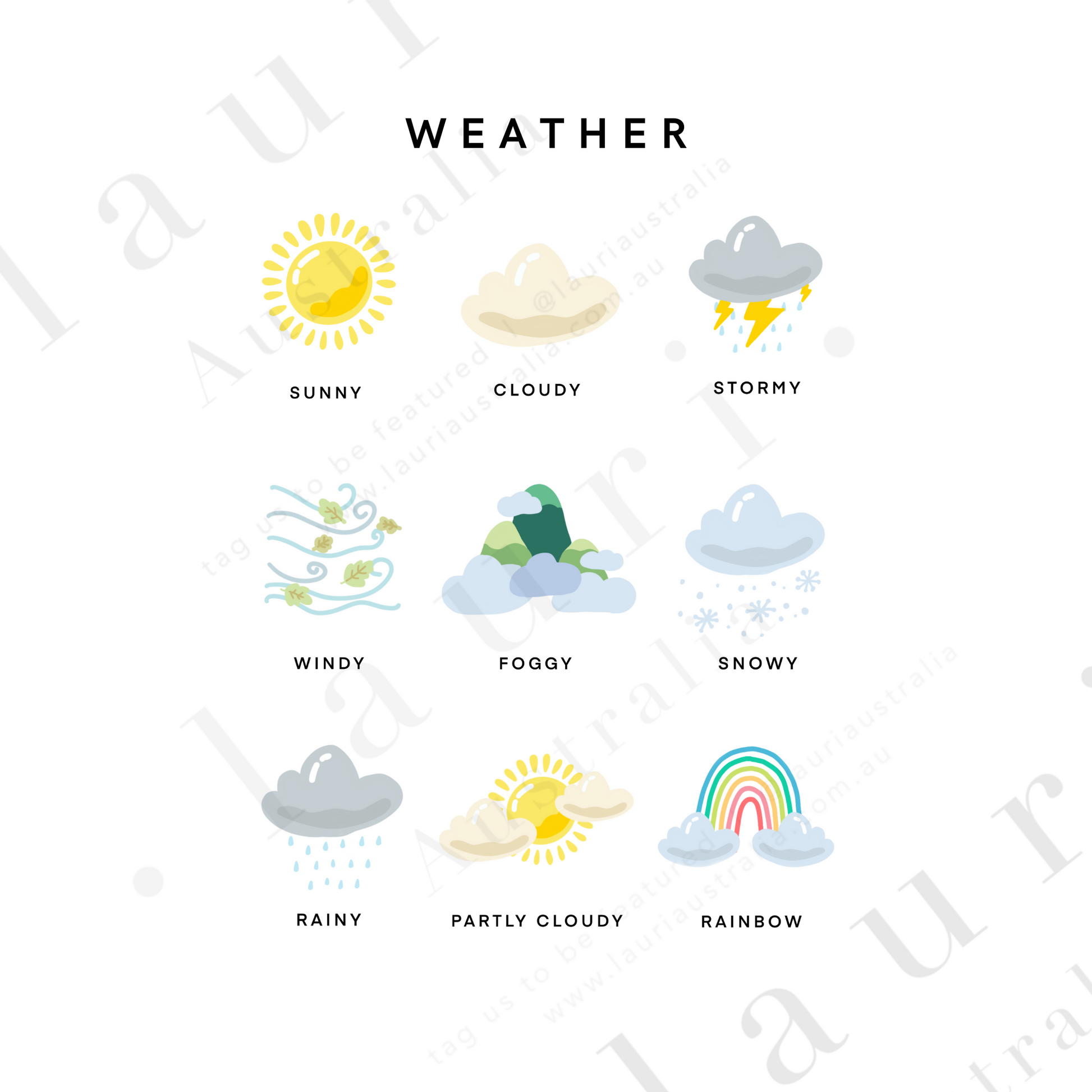 This is a digital download educational poster showing the different weather for children and toddlers to learn. This education print is perfect for Montessori inspired homeschool classrooms, playrooms and childrens toddler nurseries or bedrooms too. The Weather poster for Children, Educational Digital Download, Printable wall art, Montessori Homeschool Learning Materials, Boho Decor