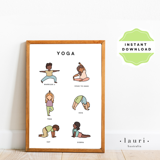 This Yoga Poster is perfect for classroom decor, playroom art, homeschool and Montessori decor. It's a great addition to your child's room, hallway or playroom. This poster includes 6 simple, easy to learn yoga poses with inclusive illustrations of a diverse range of children to demonstrate the poses as a visual cue. Great addition to a calming corner or calm down corner for children to learn  relaxation techniques to help calm down to express how they are feeling. 