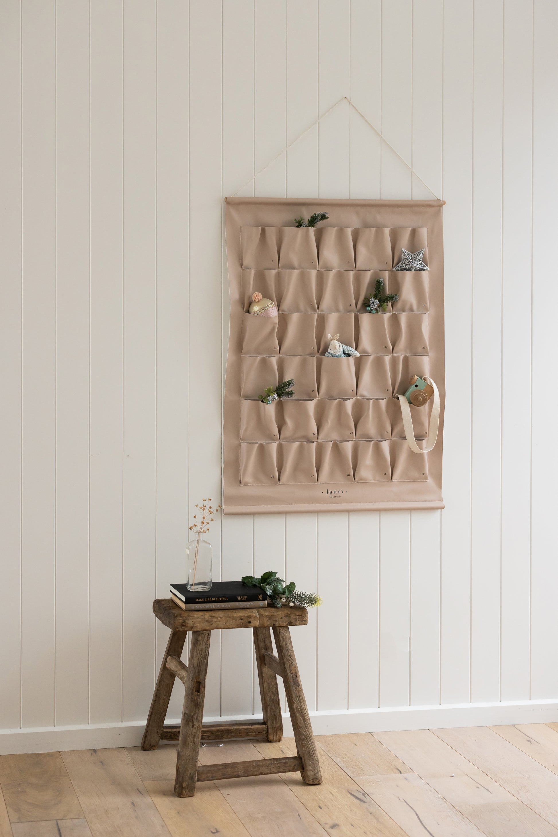 vegan leather advent calendar, countdown to Christmas calendar, Christmas advent made by Lauri Australia with free shipping - taupe in colour, large